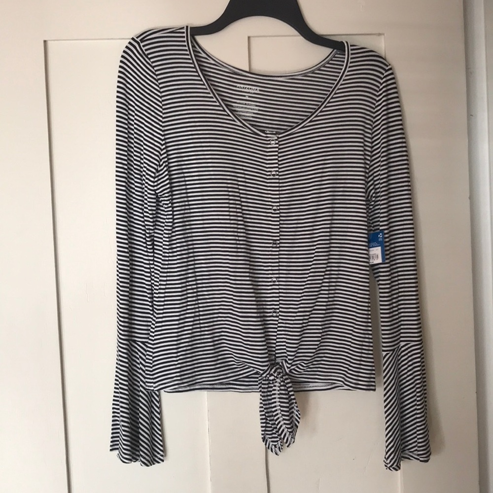 Striped tie-front bell sleeve